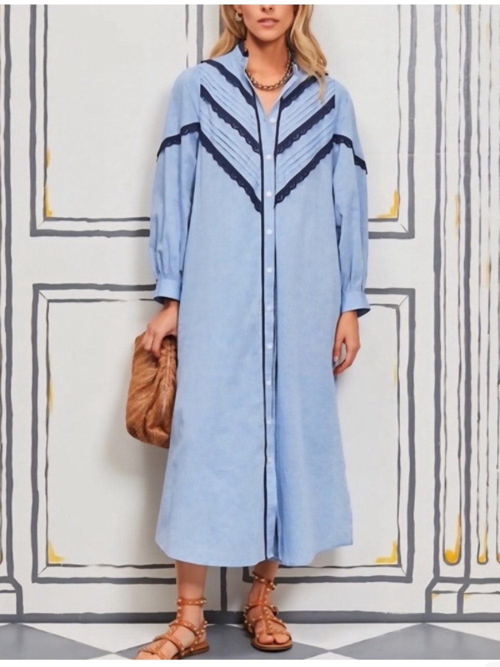 Pomander Place /Tuckernuck Blue linen/cotton Long Button-Front Navy Trim lace
